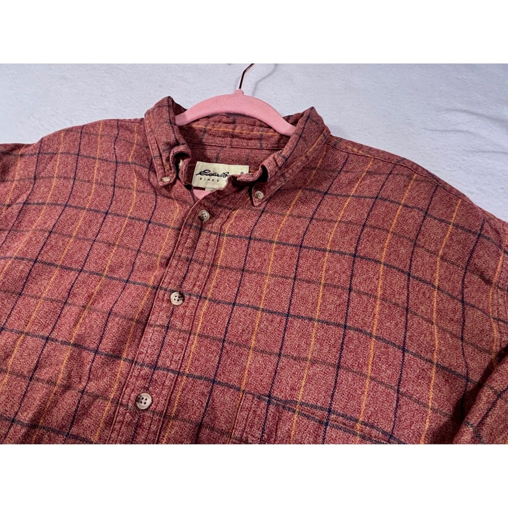 Eddie Bauer Mens XL Tall Flannel Shirt Red Brown Plaid Button Down 100% Cotton